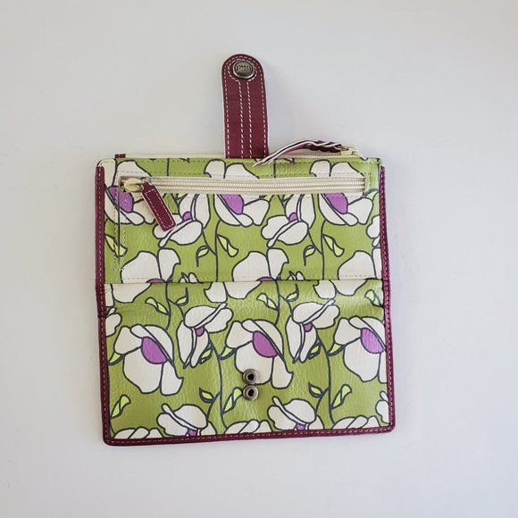 ❌️Vintage Fossil Whtie Floral Leather Snap Wallet Green Maroon Purple Y2K NWOT - Picture 8 of 10